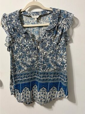 Lucky Brand Blue and White Floral Tie-Neck Ruffle Sleeve blouse